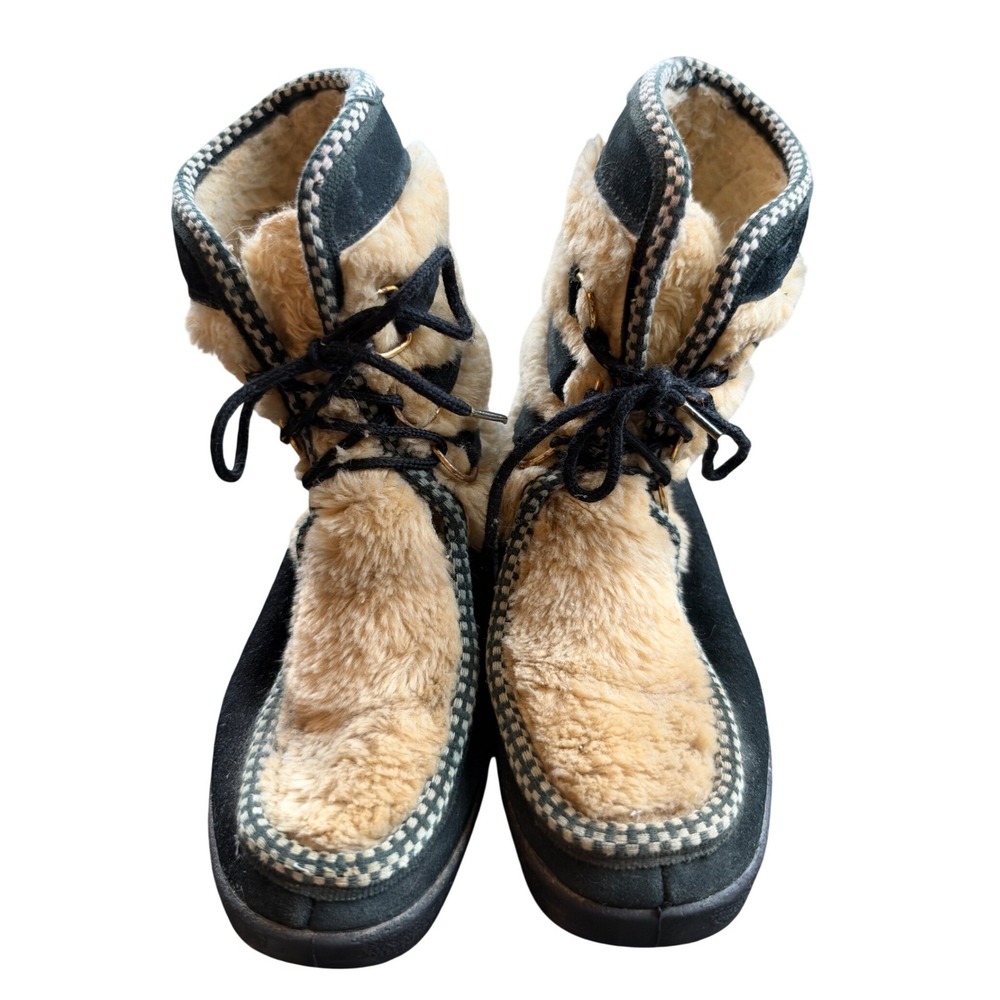 Vintage Style Mukluk Snow Boots Womens 7 Black Suede Faux Fur Trim Excellent